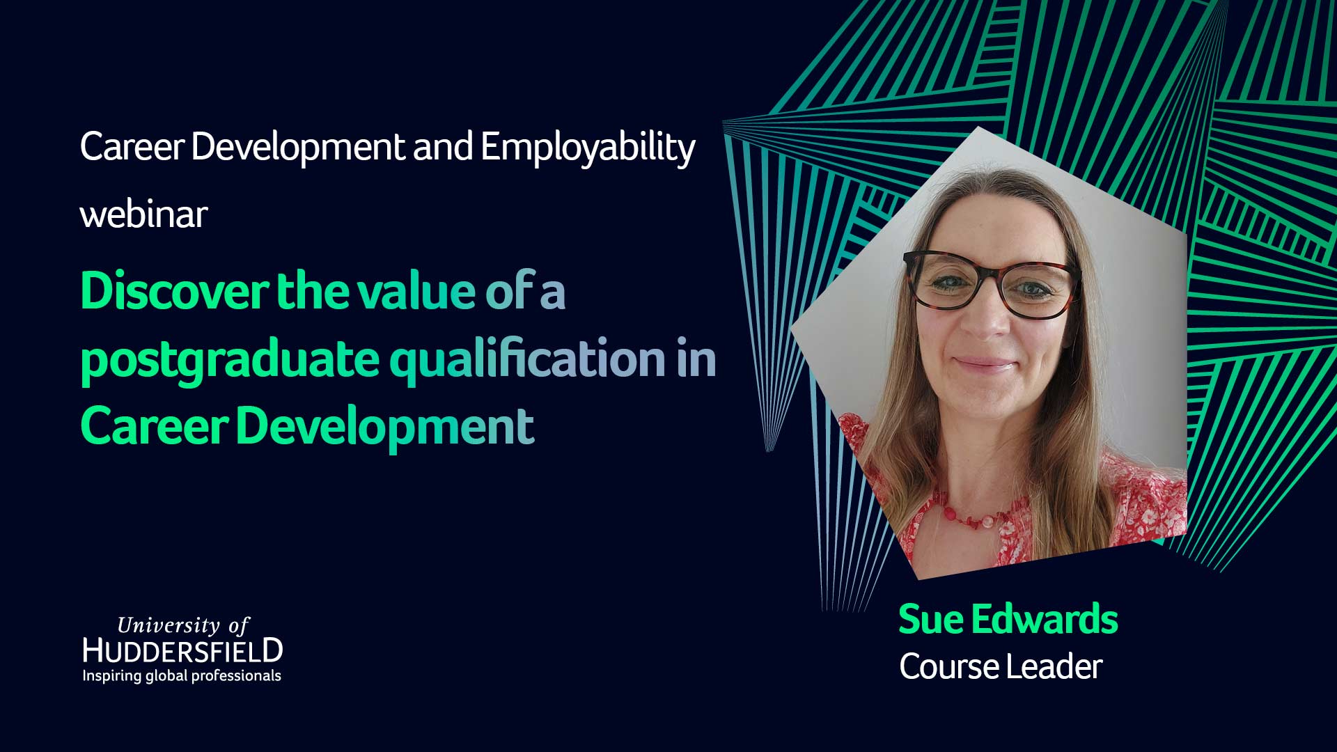 Infographic titled Career Development and Employability Webinar with an image of Sue Edwards, Course Leader