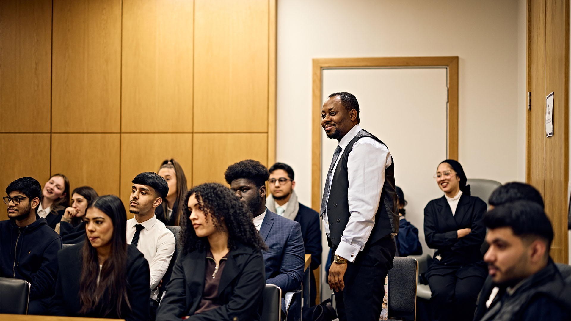 Students sitting in mock courtroom
