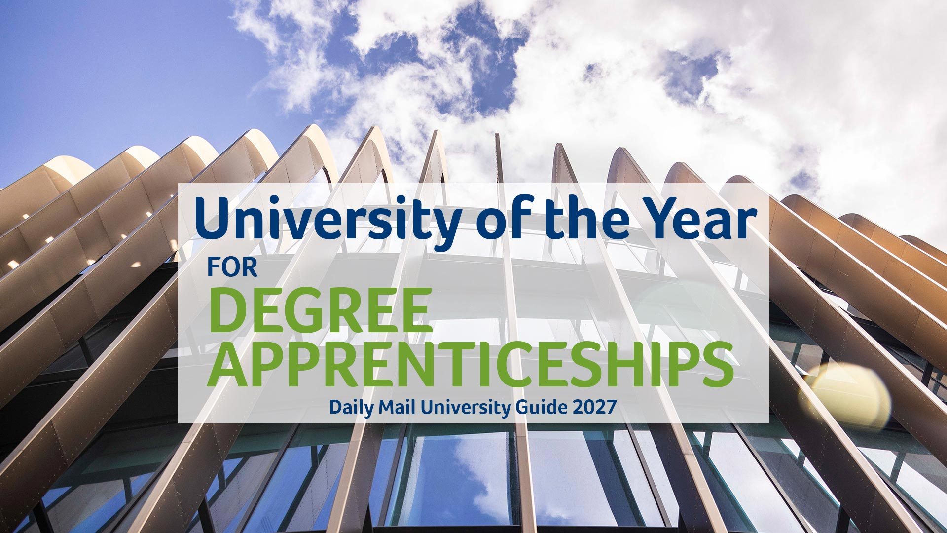 University of the Year for Degree Apprenticeships award graphic, featuring university building façade and Daily Mail University Guide 2027 text.