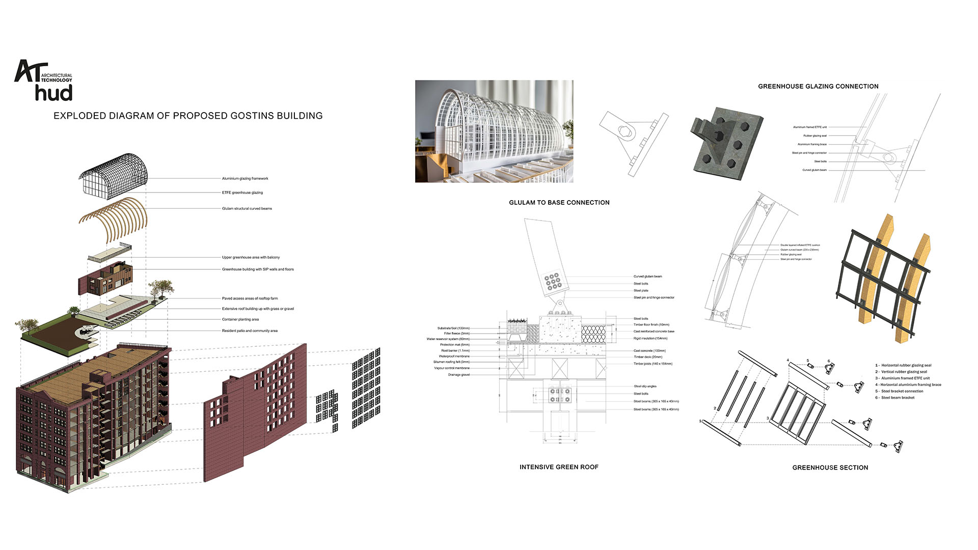 Student architectural drawing of rooftop urban farming