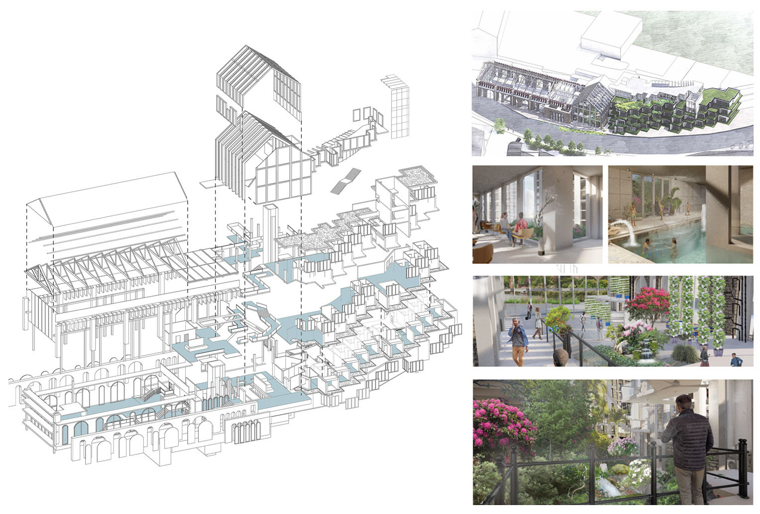 Student architectural drawing of rooftop urban farming