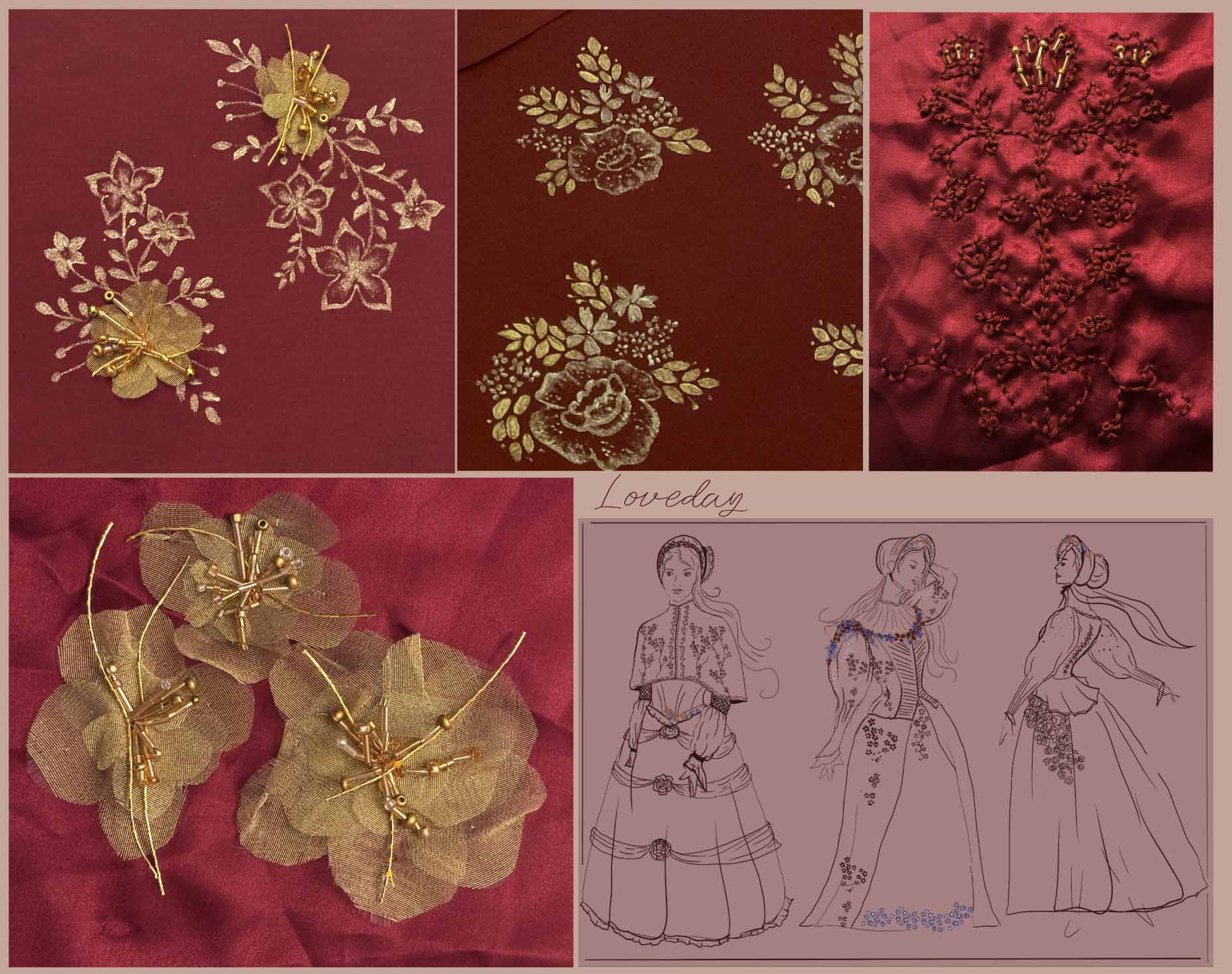 Student textile design featuring red colours and a flowery pattern