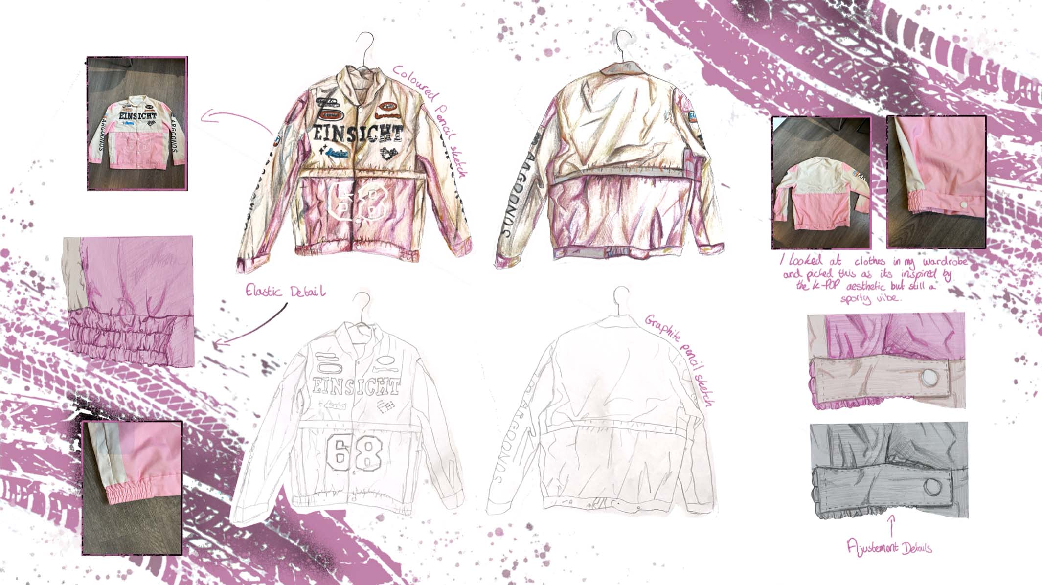 Student fashion design featuring a pink and gold jacket