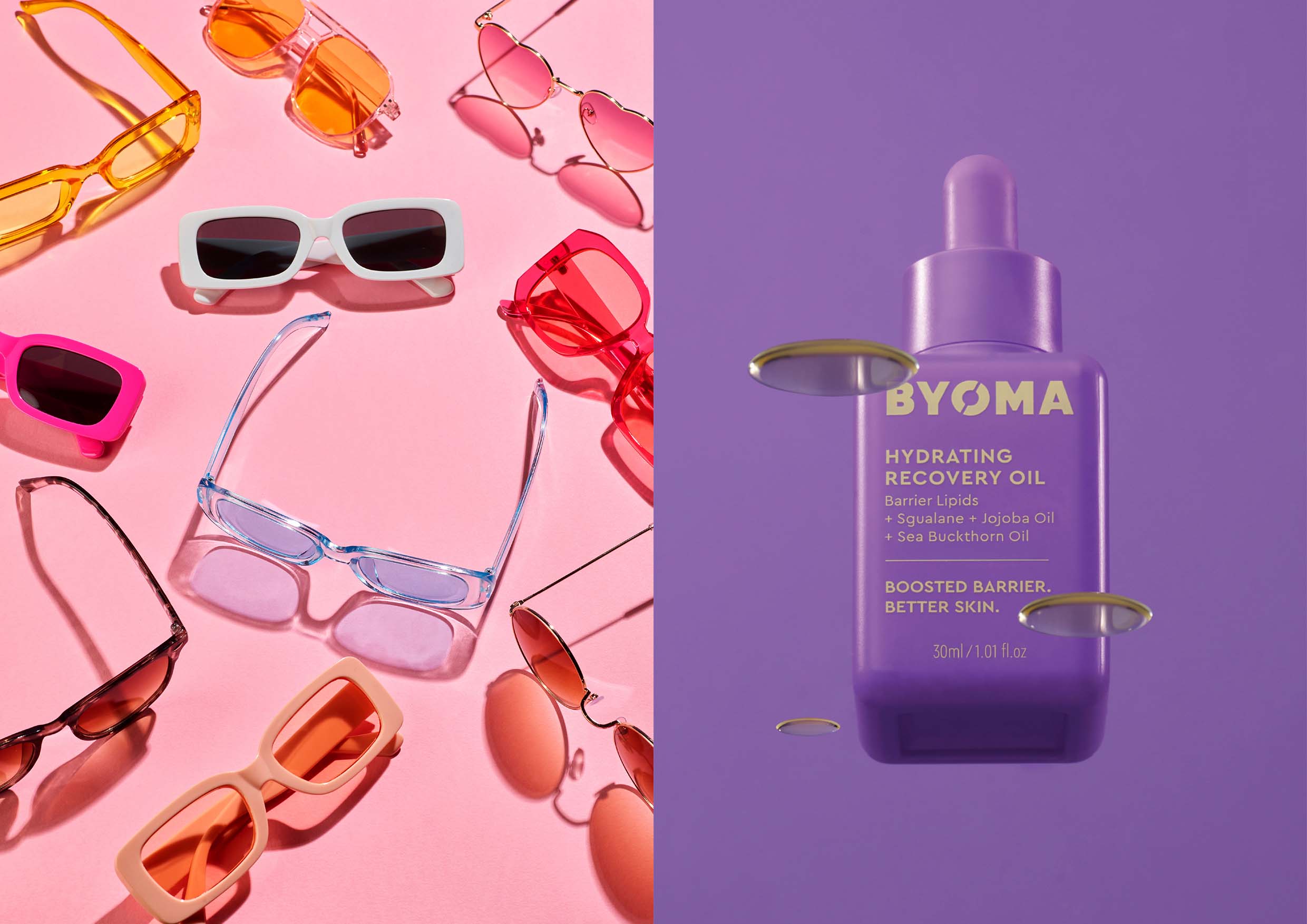 Photography student imagery of Byoma products surrounded by a summer themed backgroud