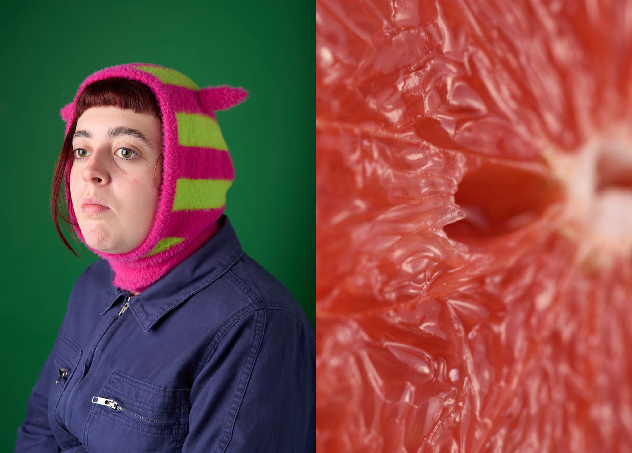 Image of a woman in bright clothes and next to her is a grapefruit
