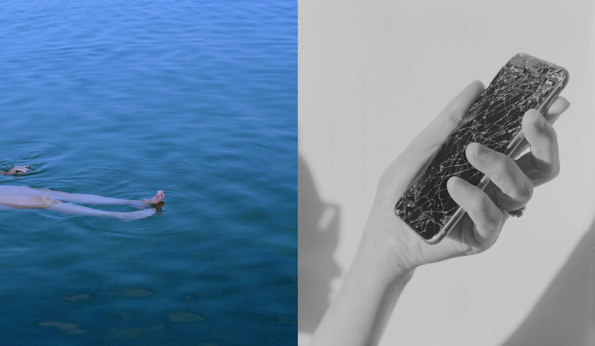 Split image - one of the sea and someone floating. The next is someone holding a smashed phone