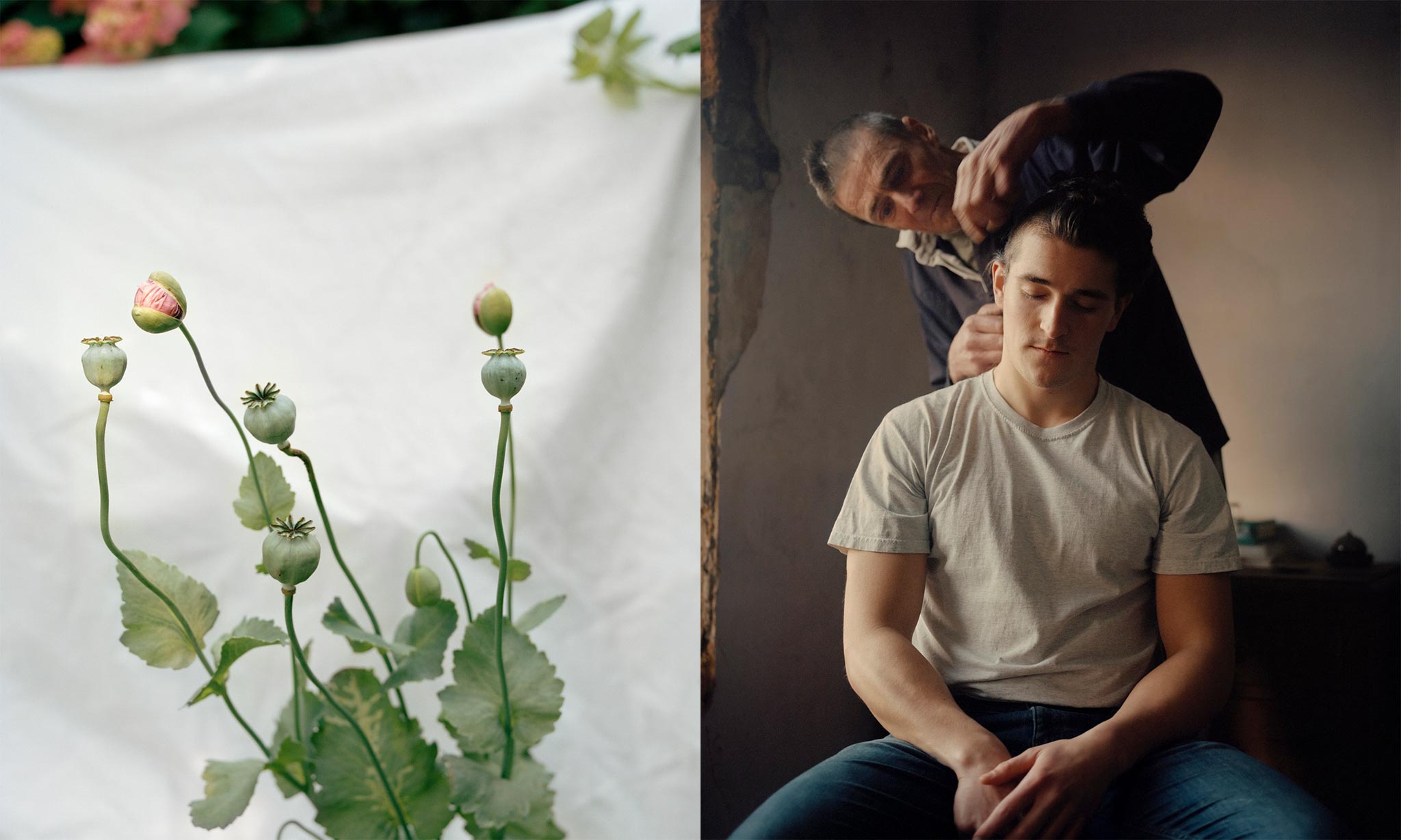 A photography students work where a man is shaving another mans head