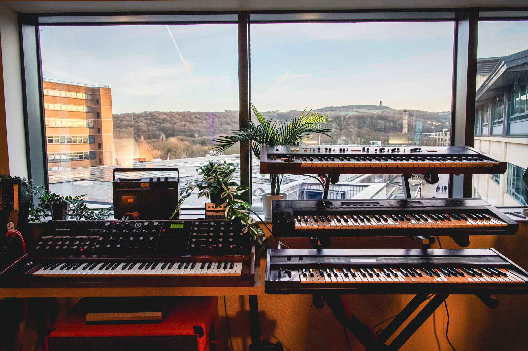 A collection of synths in our songwriting studio.