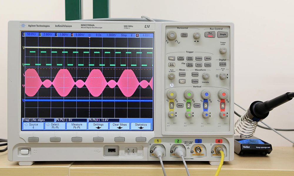 Circuit test results displayed on an oscilloscope.