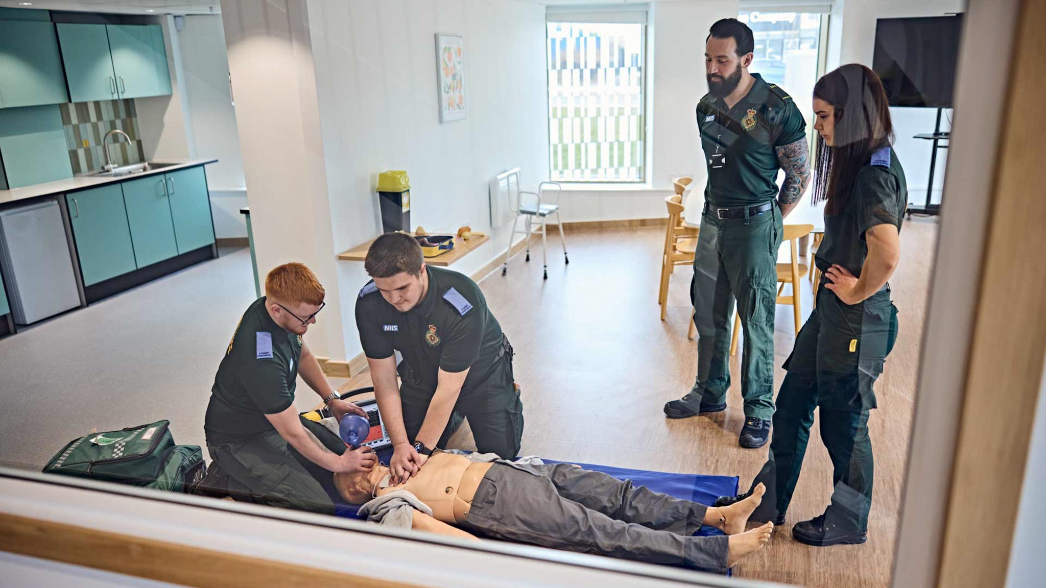Our simulated house with viewing facilities provides learning opportunities for all. (Both the pictures) - Demonstrating the resuscitation of a patient that has suffered a cardiac/respiratory arrest