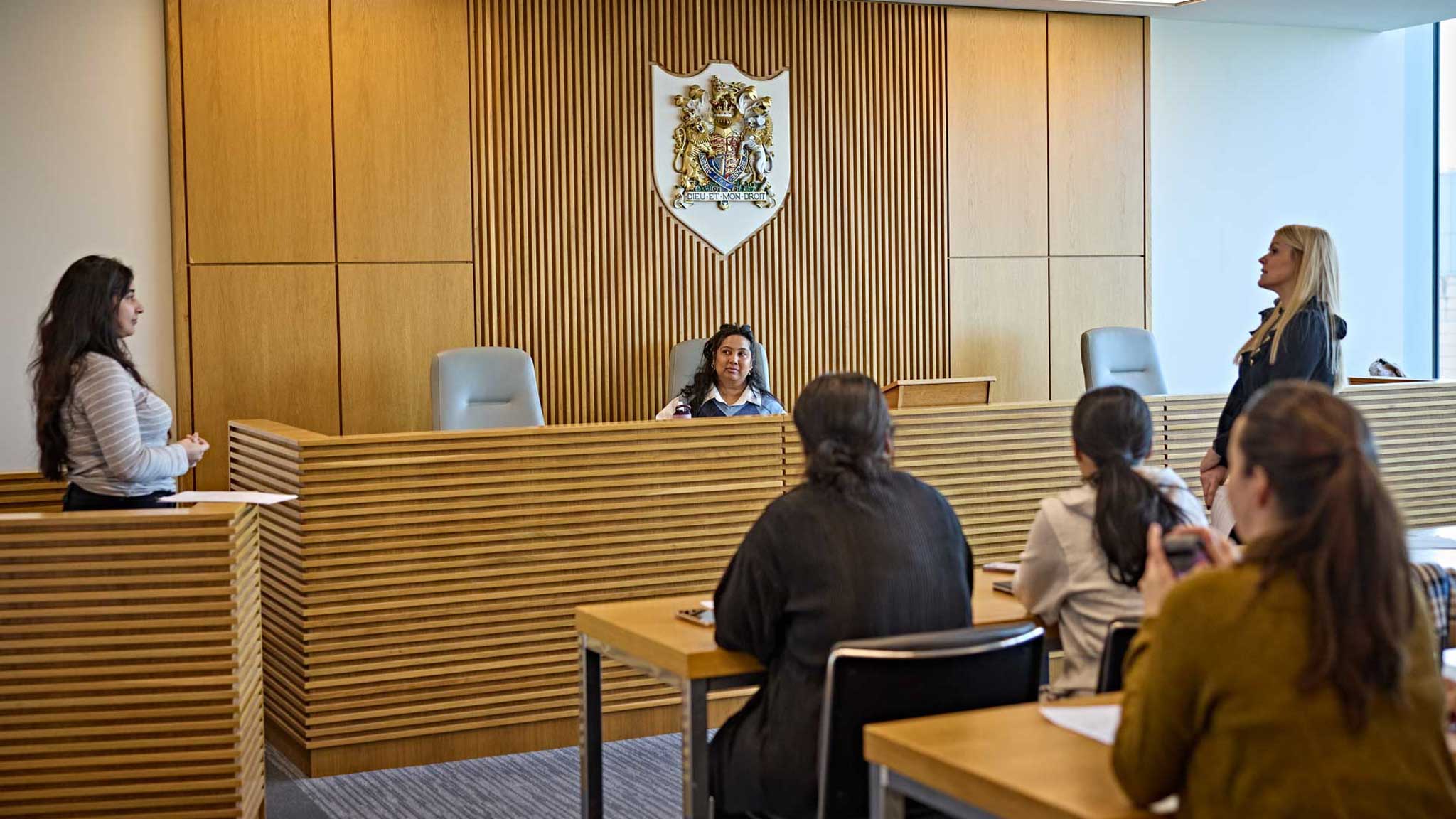 Simulated hearings in our mock courtroom offer hands-on experience